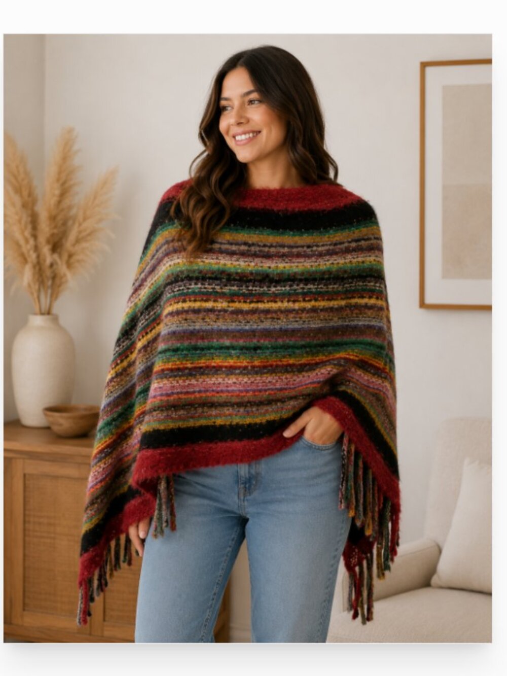Handmade colorful stripe one size fringe trim cozy knit poncho sweater EUC